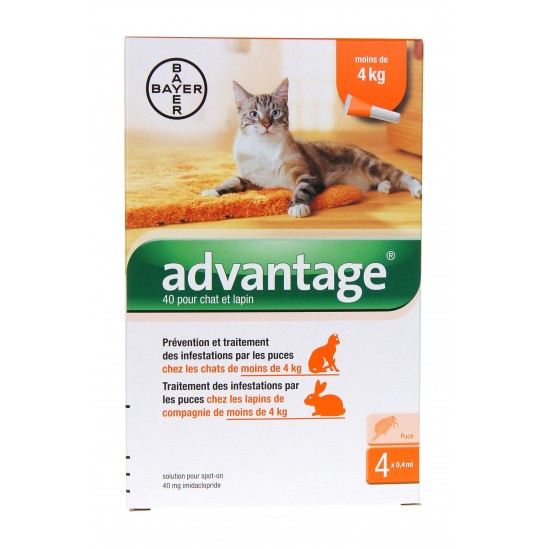 Bayer Advantage 40 Solution Antipuce Pour Chat et Lapin de - 4kg 4 Pipettes Bayer Advantage 40 Solution Antipuce Pour Chat et Lapin de - 4kg 4 Pipettes