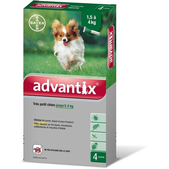 Bayer Advantix Très Petit Chien Jusqu'à 4kg 4 Pipettes Bayer Advantix Très Petit Chien Jusqu'à 4kg 4 Pipettes