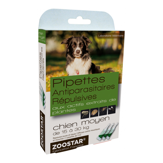 Zoostar 3 pipettes antiparasitaires répulsives chien 15 à 30kg Zoostar 3 pipettes antiparasitaires répulsives chien 15 à 30kg