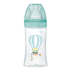 Biberón Dodie 270ml con tetina plana, flujo medio, 0 a 6 meses, diseño globo aerostático.